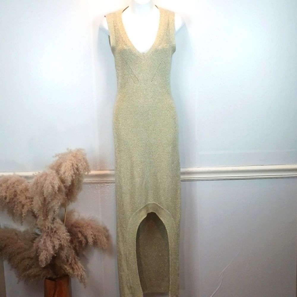 WOW Coutour gold V neck knit sleeveless bodycon glam maxi dress size large